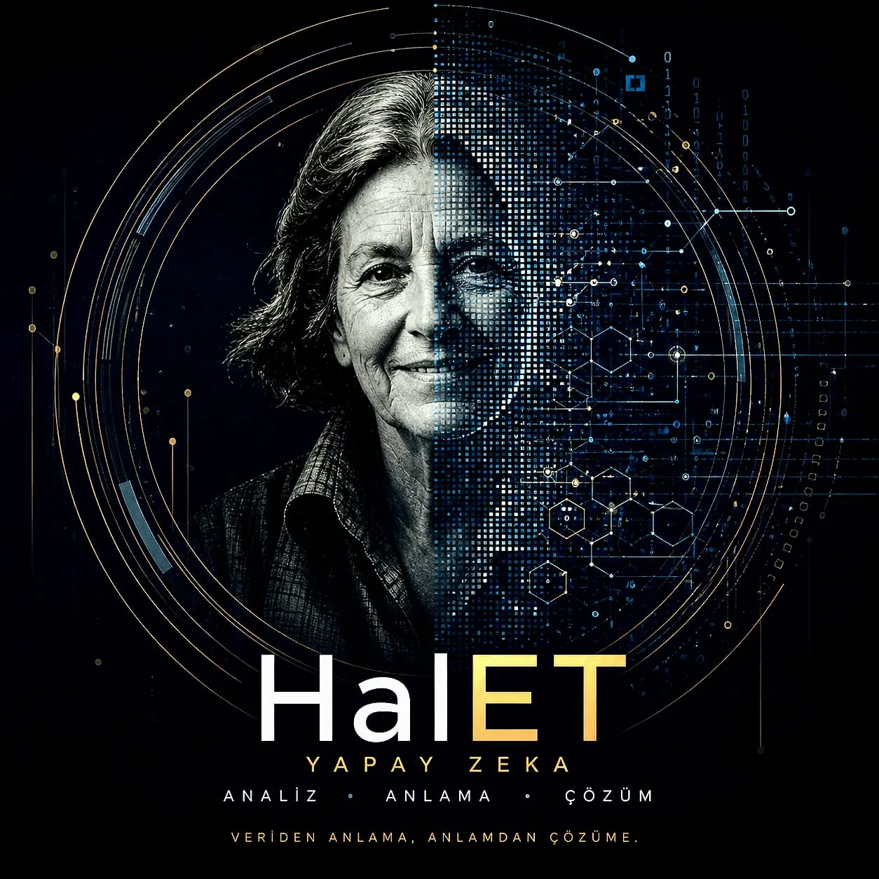 Halet AI tanıtım görseli: Halet Çambel'in portresi bir yanıyla veri görselleştirmesine dönüşüyor. Üzerinde "Halet Yapay Zeka - Analiz, Anlama, Çözüm. Veriden anlama, anlamdan çözüme." yazıyor.