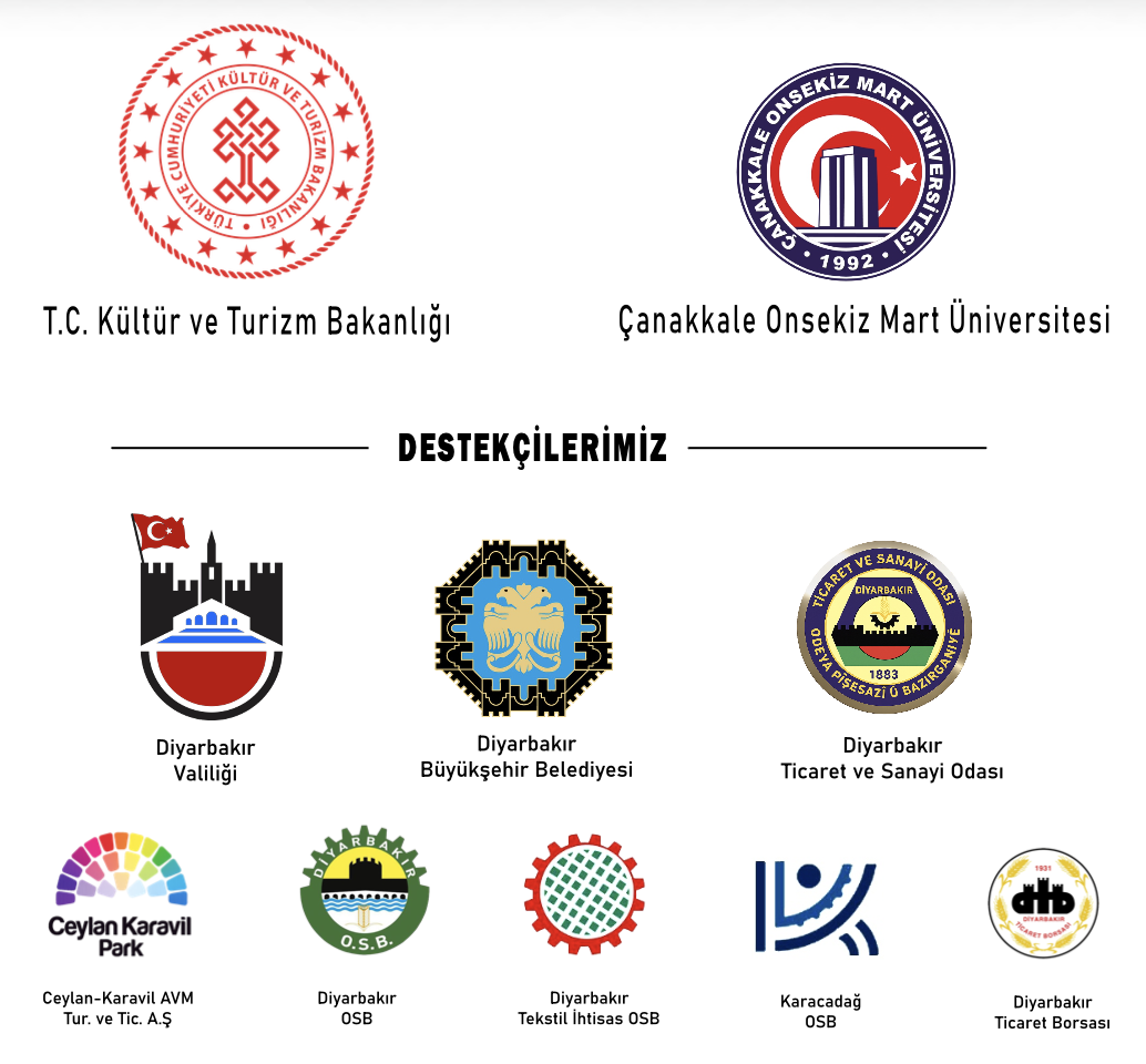 Principal supporters: the Republic of Türkiye Ministry of Culture and Tourism and Çanakkale Onsekiz Mart University, followed by the logos of the Diyarbakır Governorship, Diyarbakır Metropolitan Municipality, Diyarbakır Chamber of Commerce and Industry and other supporting institutions.